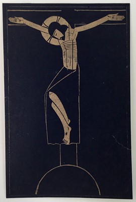 Lot 24 - Eric Gill (1882-1940) wood engraving, Crucifix, 1917, (Skelton P89) printed with gilt ink, after a crucifix in a window at York Minster,, 13 x 8.6cm. Provenance: Gifted by Gill to his Chaplain, Dr....