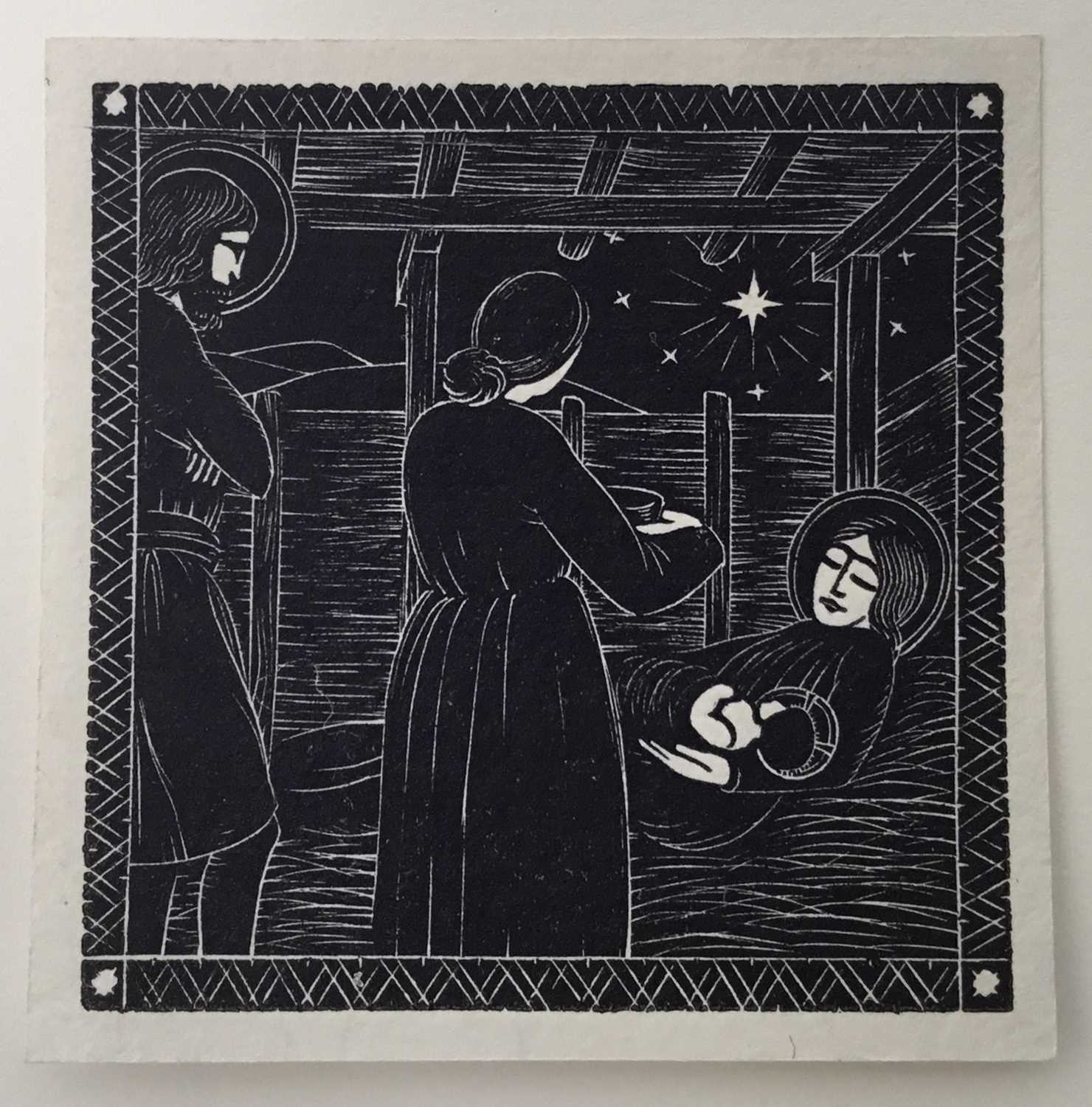 Lot 230 - Eric Gill (1882-1940) wood engraving, Nativity with Midwife, St Joseph Standing, 1913, (Skelton P14), 5.2 x 5.4cm. Provenance: Gifted by Gill to his Chaplain, Dr. Flood