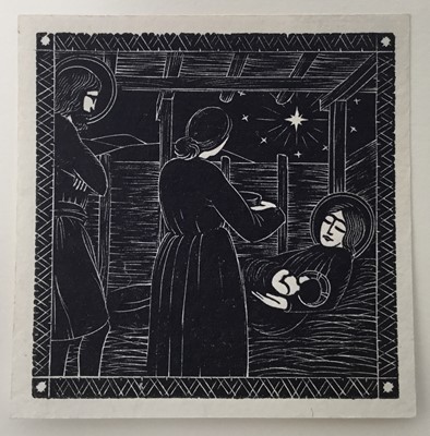 Lot 26 - Eric Gill (1882-1940) wood engraving, Nativity with Midwife, St Joseph Standing, 1913, (Skelton P14), 5.2 x 5.4cm. Provenance: Gifted by Gill to his Chaplain, Dr. Flood