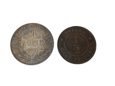 Lot 496 - World - Cyprus Bronze ½ Piastre 1886 VF and German East Africa silver Rupee 1907J GVF-AEF (2 coins)
