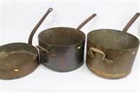 Lot 770 - Three large 19th century copper saucepans with...