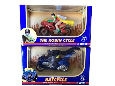 Lot 1992 - Corgi DC Comics Batcycle, Robin Cycle & Batmobiles, plus other Batman related items