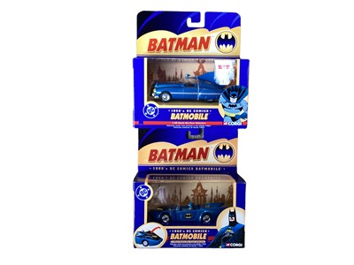 Lot 1992 - Corgi DC Comics Batcycle, Robin Cycle & Batmobiles, plus other Batman related items