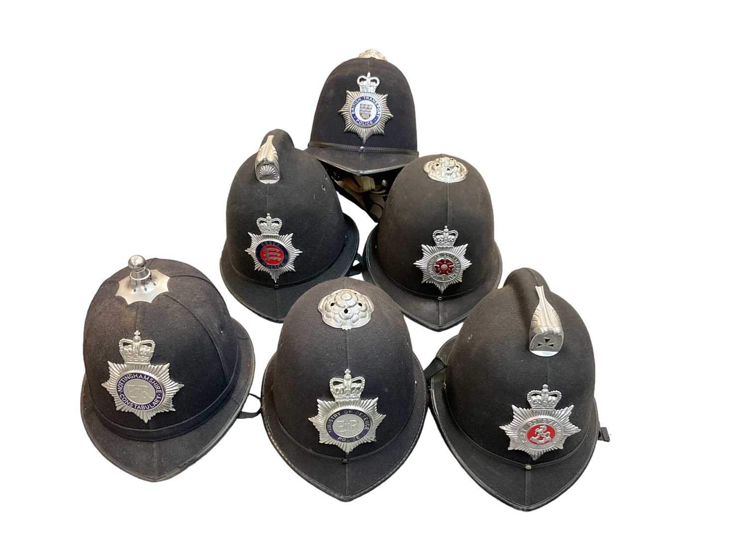 Lot 830 - Group of six Elizabeth II Police helmets to include British Transport Police, Nottinghamshire Constabulary, Ministry of Defence Police, Kent Constabulary, Lancashire Constabulary and Essex Police (...