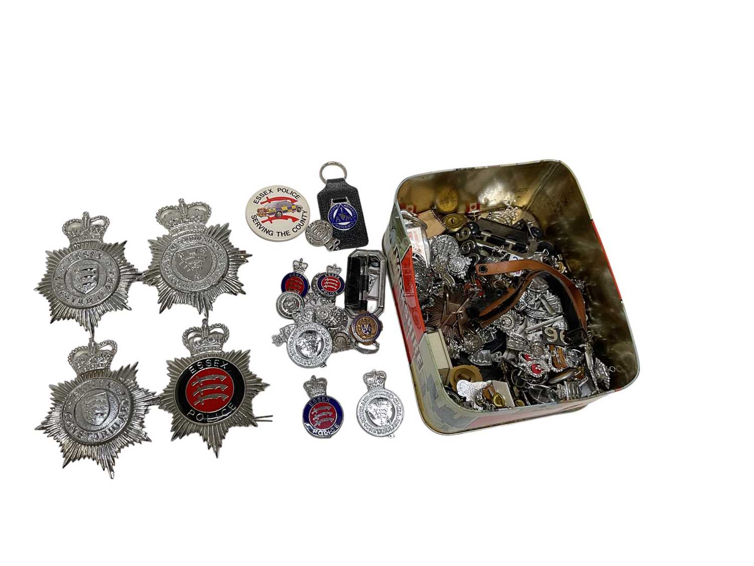 Lot 831 - Collection of British Police badges to include helmet plates and others, (1 box).