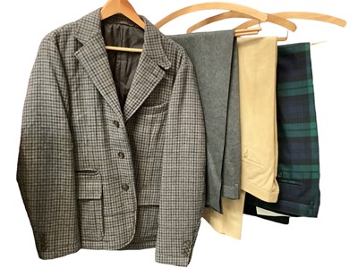 Lot 2126 - Hackett check wool jacket with quilted lining, pair of Ede & Ravencroft grey serge trousers, Ralph Lauren Polo cream narrow needlecord trousers size 36 and two pairs of Blackwatch tartan trousers o...