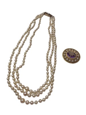 Lot 180 - Cultured pearl three strand necklace with 9ct gold clasp and an antique style 9ct gold amethyst and pearl brooch