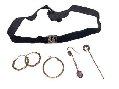Lot 184 - Antique diamond set buckle on a black ribbon choker, horse shoe stick pin, one amethyst and seed pearl drop earring, one 9ct gold hoop earring and a pair of yellow metal hoop earrings