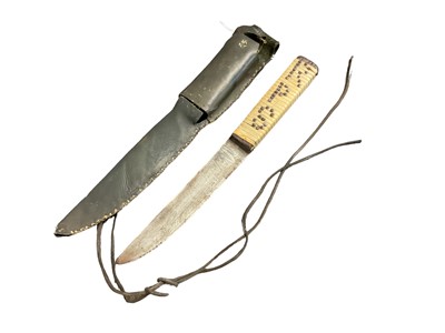 Lot 522 - Hunting knife with rope bound grip and applied initials in leather sheath