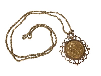 Lot 225 - George V gold sovereign, 1927 in 9ct gold pendant mount on 9ct gold chain