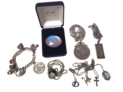 Lot 229 - Silver ingot pendant on chain, American one dollar in silver pendant mount on chain, silver mounted butterfly wing brooch and other jewellery