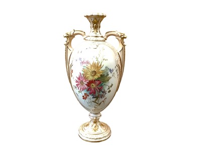 Lot 1272 - Royal Worcester blush ivory twin handled vase with floral decoration, numbered 2330, 32cm high