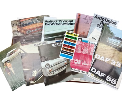 Lot 2159 - Collection of 1960s and 70s European car sales brochures, price lists and related ephemera, to include DAF, Audi, BMW and NSU (approximately 22 brochures).