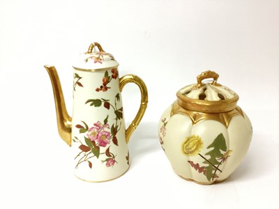 Lot 1274 - Royal Worcester pot pourri with gilded and floral decoration, numbered 1313, 20cm high, together with a coffee pot, 25cm high (2)