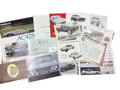 Lot 2160 - Collection of 1960s and 70s low volume British cad sales brochures, price lists and related ephemera, to include Marcos, Ginetta, Morgan, Bristol, Fairthorpe, Jensen, Lotus, Reliant, Gilbern, Pro...