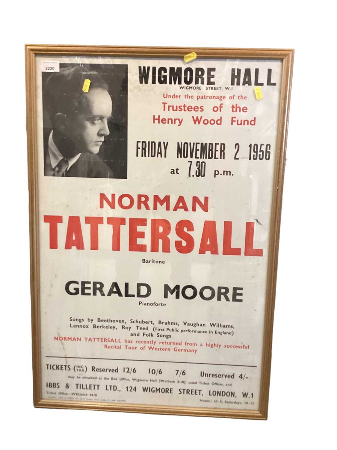 Lot 2220 - 1956 Wigmore Hall poster - framed