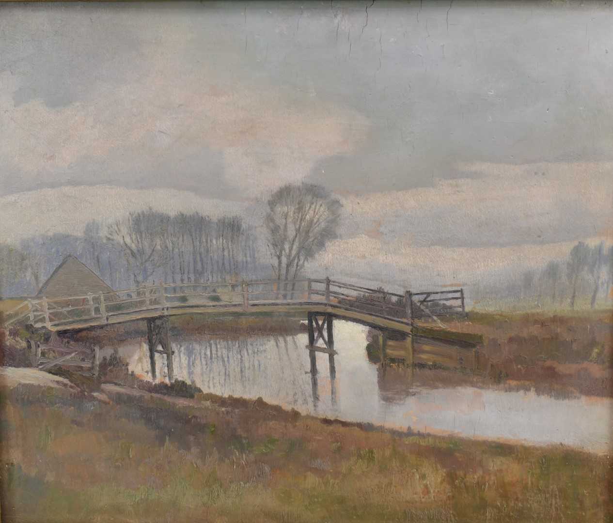 Lot 1066 - Paul Earee (1888-1968) oil on board - Ladies Bridge, 41cm x 48cm, landscape study verso, Gainsborough's House Exhibition label verso, with certification from the artist's daughter (Joan Ascot), fra...