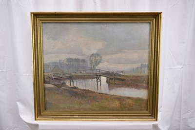 Lot 1066 - Paul Earee (1888-1968) oil on board - Ladies Bridge, 41cm x 48cm, landscape study verso, Gainsborough's House Exhibition label verso, with certification from the artist's daughter (Joan Ascot), fra...