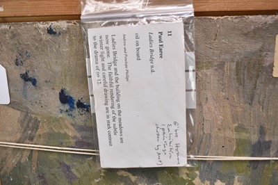 Lot 1066 - Paul Earee (1888-1968) oil on board - Ladies Bridge, 41cm x 48cm, landscape study verso, Gainsborough's House Exhibition label verso, with certification from the artist's daughter (Joan Ascot), fra...