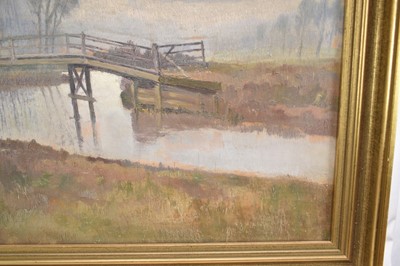 Lot 1066 - Paul Earee (1888-1968) oil on board - Ladies Bridge, 41cm x 48cm, landscape study verso, Gainsborough's House Exhibition label verso, with certification from the artist's daughter (Joan Ascot), fra...