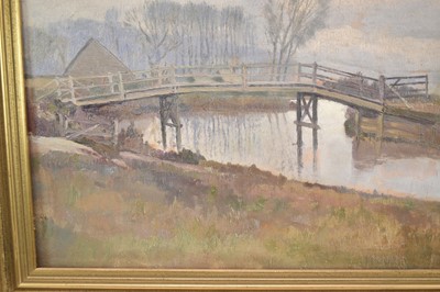 Lot 1066 - Paul Earee (1888-1968) oil on board - Ladies Bridge, 41cm x 48cm, landscape study verso, Gainsborough's House Exhibition label verso, with certification from the artist's daughter (Joan Ascot), fra...