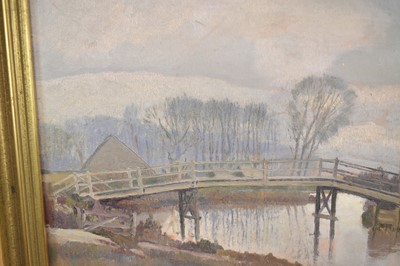 Lot 1066 - Paul Earee (1888-1968) oil on board - Ladies Bridge, 41cm x 48cm, landscape study verso, Gainsborough's House Exhibition label verso, with certification from the artist's daughter (Joan Ascot), fra...