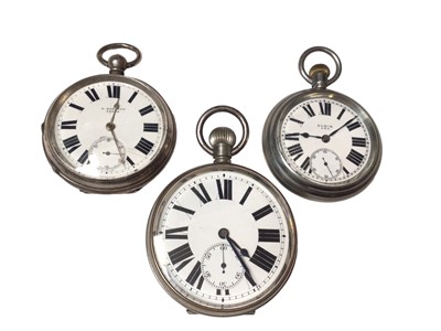 Lot 193 - Edwardian silver cased pocket watch by N. Barrett Leeds, together with a plated Elgin pocket watch and a plated Goliath pocket watch (3)