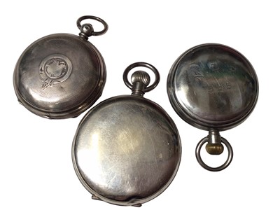 Lot 193 - Edwardian silver cased pocket watch by N. Barrett Leeds, together with a plated Elgin pocket watch and a plated Goliath pocket watch (3)