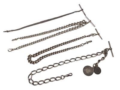 Lot 195 - Four silver curb link watch chains, one with coin fobs