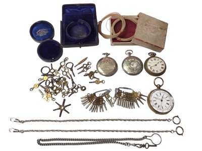 Lot 199 - Collection of pocket watch winding keys, two watches boxes, other accessories and four pocket watches including a Swiss Chronograph