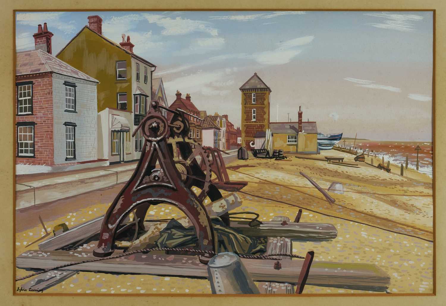 Lot 1034 - Sylvia Leeming (Mrs Cyril Deakins) acrylic - Aldeburgh Beach, signed, circa 1955, 36cm x 54cm, label verso, in glazed frame