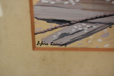 Lot 1034 - Sylvia Leeming (Mrs Cyril Deakins) acrylic - Aldeburgh Beach, signed, circa 1955, 36cm x 54cm, label verso, in glazed frame