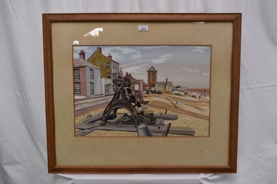 Lot 1034 - Sylvia Leeming (Mrs Cyril Deakins) acrylic - Aldeburgh Beach, signed, circa 1955, 36cm x 54cm, label verso, in glazed frame