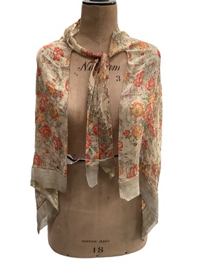 Lot 2134 - Vintage items including 1920s printed silk evening shawl embellished with metallic thread
