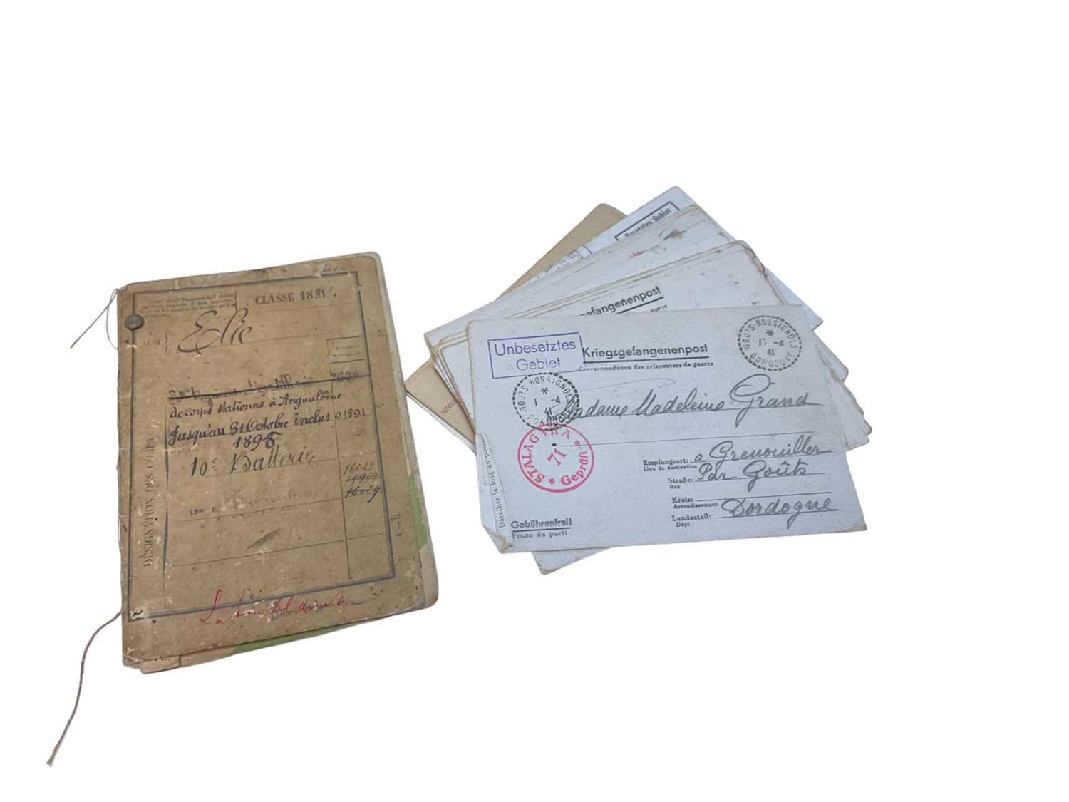 Lot 894 - 19th century French military passbook 1881 and lot Second World War French prisoner of war in Germany letters and related ephemera.