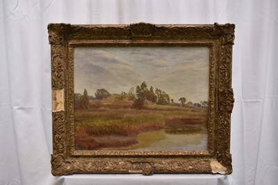 Lot 1085 - George Thomas Rope (1845-1929) oil on canvas - Barns across Watermeadows, 35cm x 45cm, gallery label verso, in gilt frame