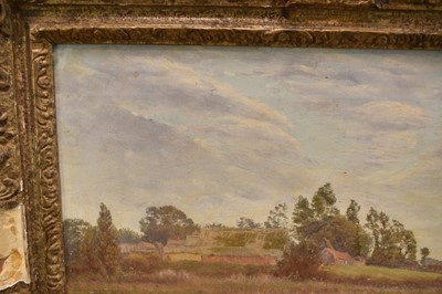 Lot 1085 - George Thomas Rope (1845-1929) oil on canvas - Barns across Watermeadows, 35cm x 45cm, gallery label verso, in gilt frame