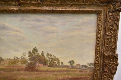 Lot 1085 - George Thomas Rope (1845-1929) oil on canvas - Barns across Watermeadows, 35cm x 45cm, gallery label verso, in gilt frame
