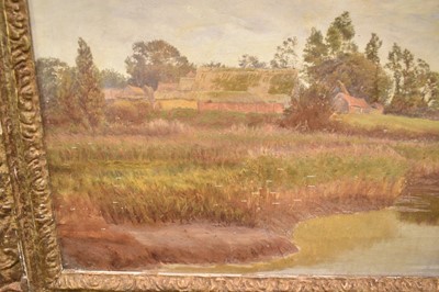 Lot 1085 - George Thomas Rope (1845-1929) oil on canvas - Barns across Watermeadows, 35cm x 45cm, gallery label verso, in gilt frame