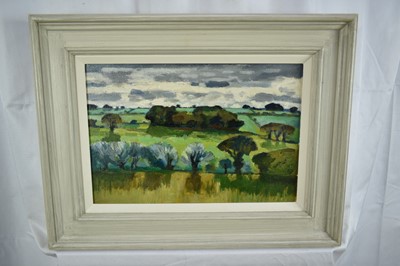 Lot 1038 - Sir Daniel Lascelles (1902-1967) oil on board - Norfolk Landscape, 26cm x 39cm, gallery label verso, framed