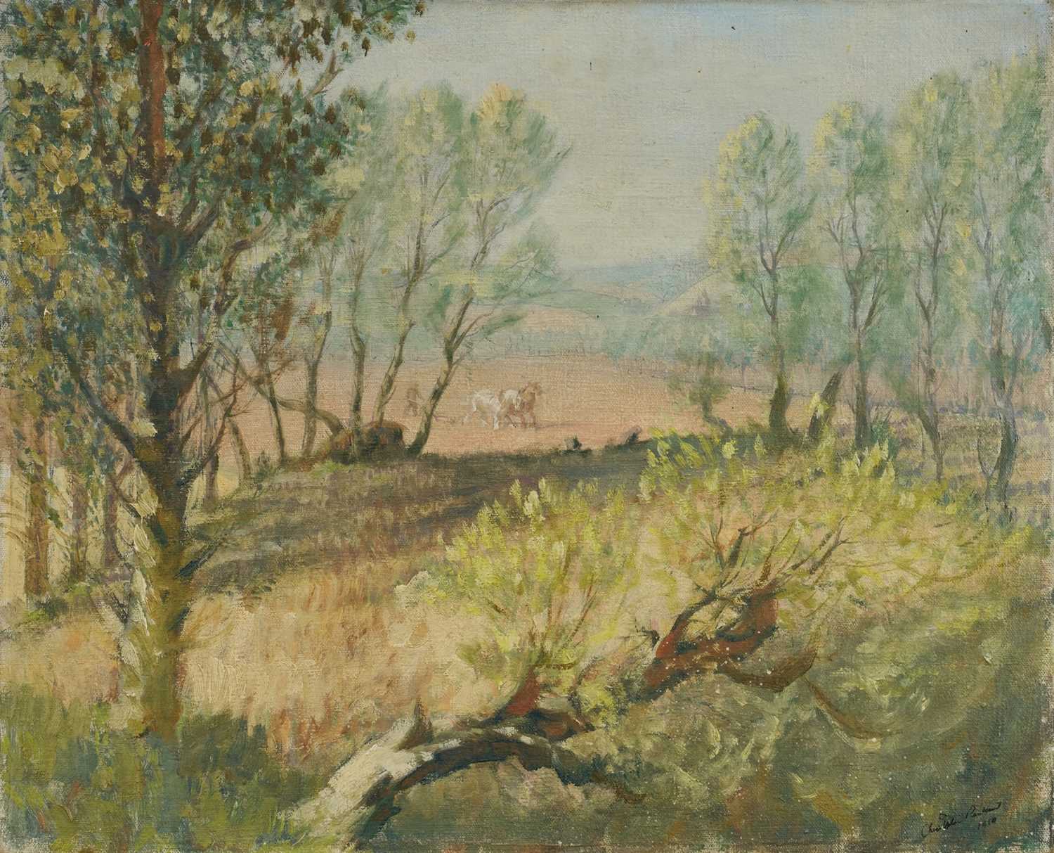 Lot 1046 - Christopher Perkins (1891-1968) oil on canvas - Wooded Landscape with Horses and Plough and hills beyond, signed and dated 1950 in pen, another oil sketch verso of figures in an interior, with arti...