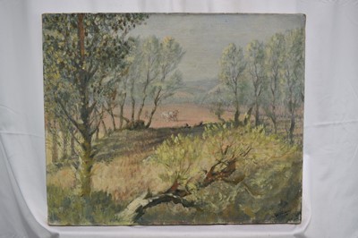 Lot 1046 - Christopher Perkins (1891-1968) oil on canvas - Wooded Landscape with Horses and Plough and hills beyond, signed and dated 1950 in pen, another oil sketch verso of figures in an interior, with arti...