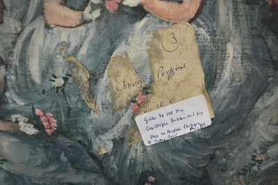Lot 1046 - Christopher Perkins (1891-1968) oil on canvas - Wooded Landscape with Horses and Plough and hills beyond, signed and dated 1950 in pen, another oil sketch verso of figures in an interior, with arti...