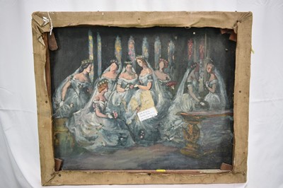 Lot 1046 - Christopher Perkins (1891-1968) oil on canvas - Wooded Landscape with Horses and Plough and hills beyond, signed and dated 1950 in pen, another oil sketch verso of figures in an interior, with arti...