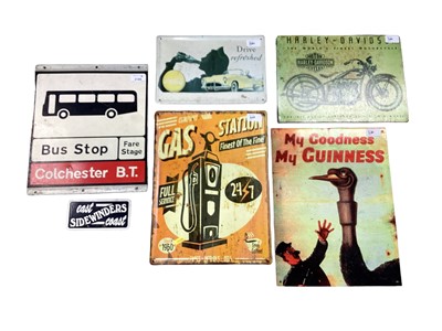 Lot 2180 - Colchester Bus Stop sign together with a group of reproduction automotive signs (6)