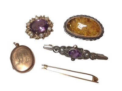 Lot 224 - 9ct gold and amethyst and seed pearl brooch, 9ct gold locket, 9ct gold tie pin and two silver brooches