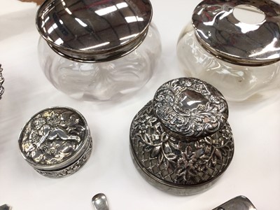 Lot 271 - Group of silver items to include silver mounted glass inkwell, silver mounted glass powder jar and hair tidy