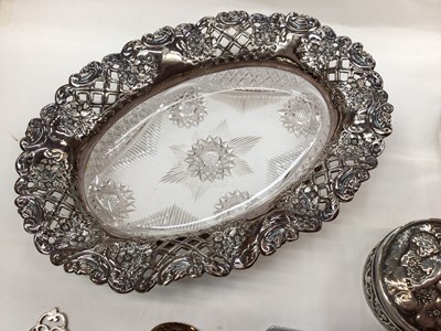 Lot 271 - Group of silver items to include silver mounted glass inkwell, silver mounted glass powder jar and hair tidy