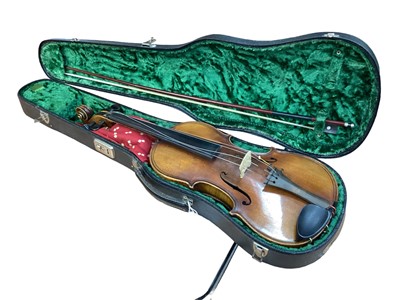 Lot 2226 - Antique violin and bow in case - two piece back