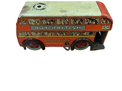Lot 2015 - tinplate selection including Brimtoy Bus, Triang Mini Truck, German hopping frog, chick & tortoise (5)